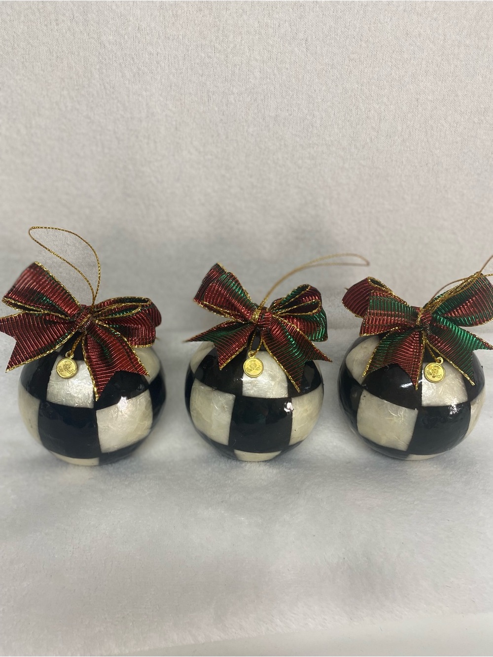 MacKenzie-Childs Courtly Check Jester Fancy Capiz Set of 3 Christmas Ornaments